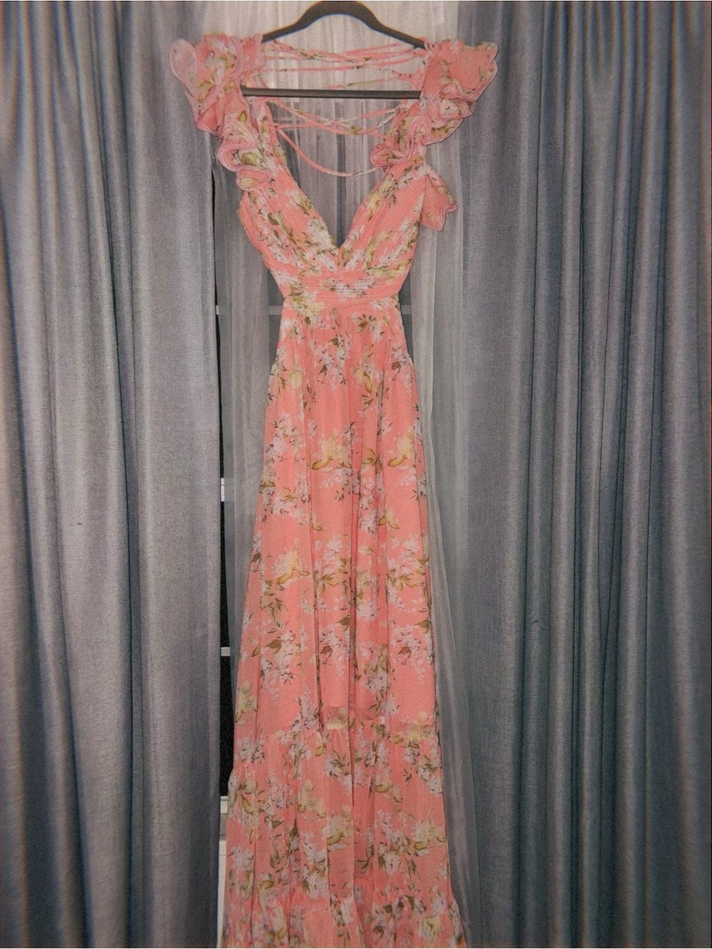 Floral Pink Maxi Dress with Ruffle Shoulders